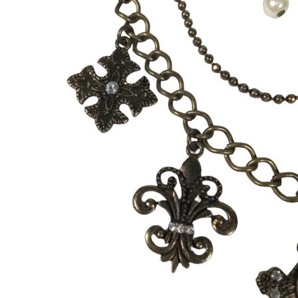 NWT Cookie Lee 3-Tiered Multi-Strand Charm Necklace w/Faux Pearls Crystals Glass - Picture 3 of 10